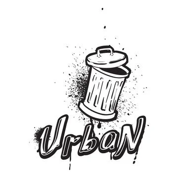 Graffiti poster with open trash can, black and white color and lettering, urban Stock Illustration