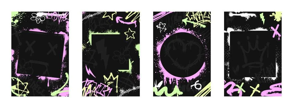 Graffiti posters with stencil frames, spray paint street art decoration with ink Stock Illustration