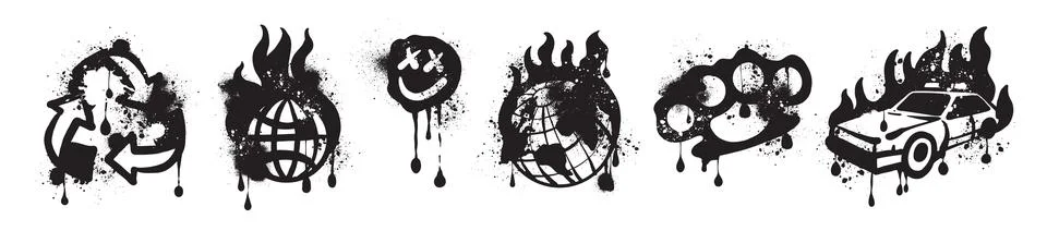 Graffiti print set, vector hand drawn urban street art design, black dripped Stock Illustration