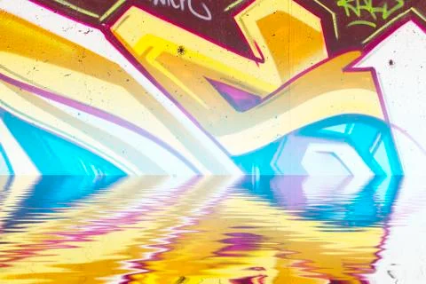 Graffiti reflection in the water, artistic chrome letters Ilustración de archivo