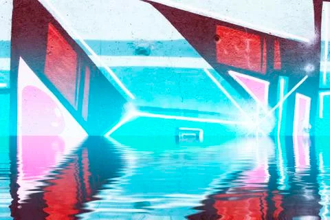 Graffiti reflection in the water, artistic chrome letters Ilustración de archivo