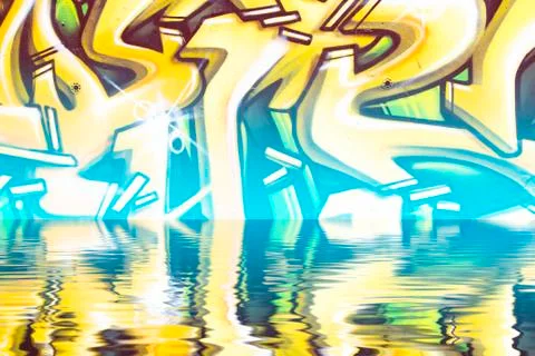 Graffiti reflection in the water, artistic yellow arrows Ilustración de archivo