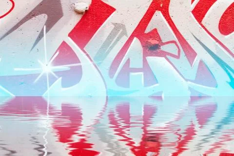 Graffiti reflection in the water, red artistic symbols Ilustración de archivo