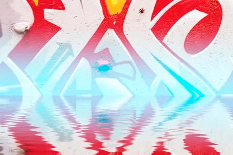 Graffiti reflection in the water, red artistic symbols Ilustración de archivo