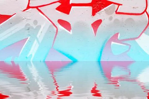 Graffiti reflection in the water, red artistic symbols Ilustración de archivo