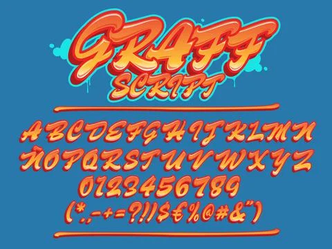 Graffiti script font. Uppercase  lettering typeface. Vector alphabet, numbers 库存插图