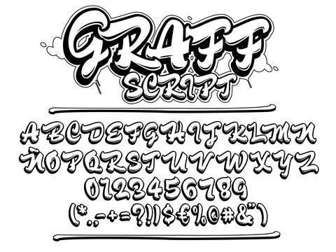 Graffiti script font. Uppercase  lettering typeface. Vector alphabet, numbe.. Illustrazione stock
