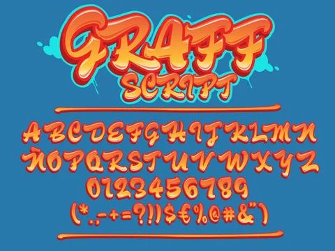 Graffiti script font. Uppercase  lettering typeface. Vector alphabet, numbe.. Illustrazione stock
