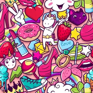 Graffiti seamless pattern with girlish doodles Stock Illustration