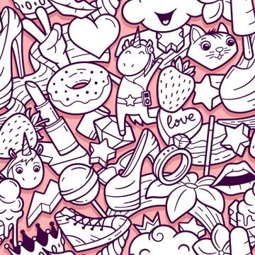 Graffiti seamless pattern with girlish doodles Stock Illustration