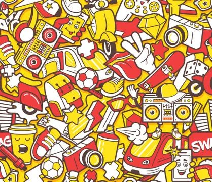 Graffiti seamless pattern with line icons collage Stock Illustration