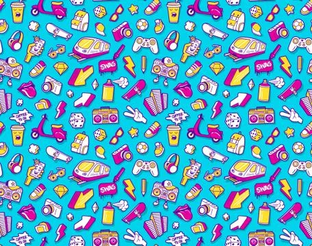Graffiti seamless pattern with line icons collage Stock Illustration