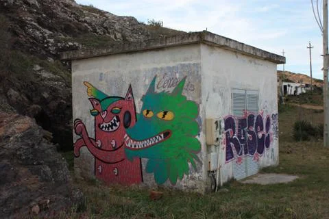 Graffiti on a small building in Punta Ballena, Uruguay. Stock Photos