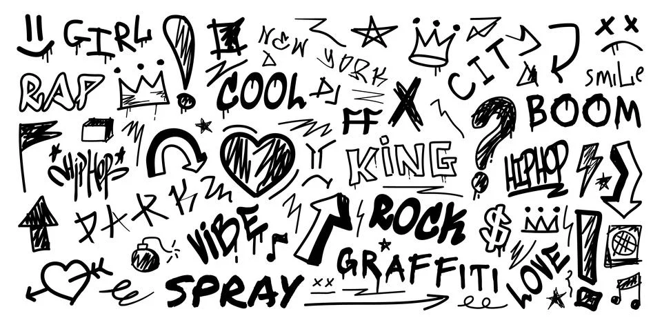 Graffiti spray elements. Art doodle font. Urban brush texture. Hand drawn lines Stock Illustration