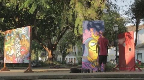 Graffiti Spray Paint in Mathris square, Paraty Rio de Janeiro Stock Footage 59805457