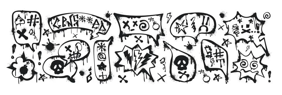Graffiti spray paint speech bubbles with swear words, curses, insults, censored Stock Illustration