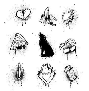 Graffiti spraying drawings vector set, black spray silhouette of howling wolf Stock Illustration