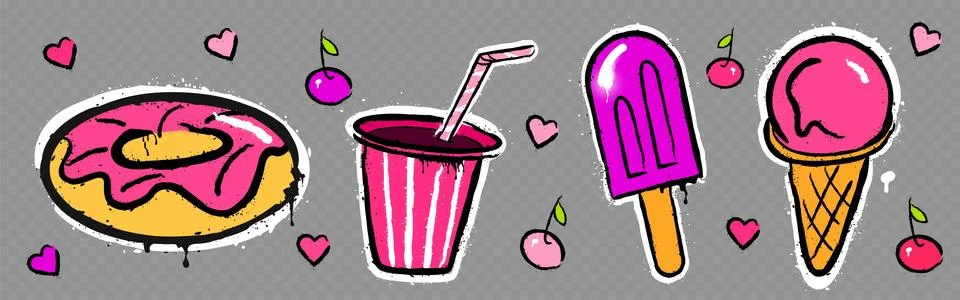 Graffiti style sweets set in pink colors. Stock Illustration