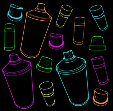 Graffiti tools icon collection spray-can and cap on black Stock Illustration
