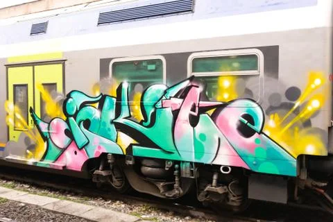 Graffiti on trains. Stock Photos