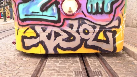 Graffiti tram in Lisbon Stock Footage 93223841