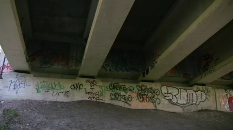 Graffiti underneath concrete overpass Stock Footage 606896