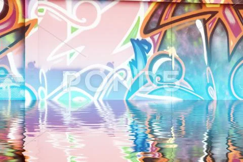 Graffiti wall texture reflection in water, artistic urban picture Stock Illustration