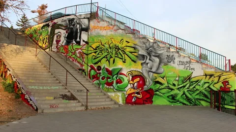 Graffiti on the wall.Timelapse. 4k resolution. stairs. Stock Footage 40731732
