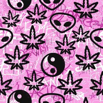 Graffiti,weed leaf,alien,Yin Yang seamless pattern wallpaper art.Vector graphic Stock Illustration