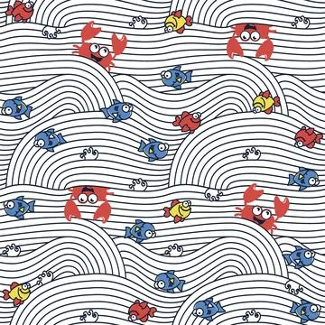 Grafic waves from stripes with fish and crabs. Illustrazione stock