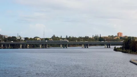 Graham Farmer Freeway overpass from the Optus Stadium bridge in Perth, Western A Stock Footage 142050627