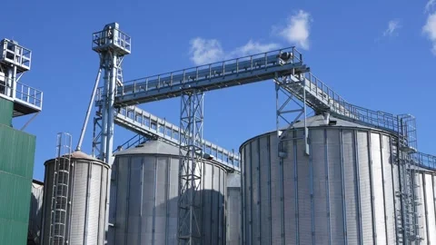 Grain Bins With  Loading Tower. View From Bottom to top Stock-Footage 346405375