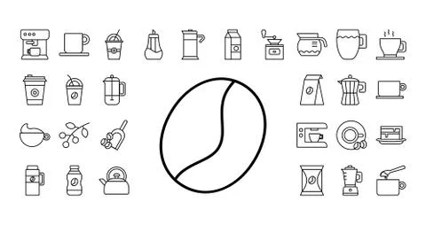 Grain with bundle of coffee set line style icons Stock Illustration