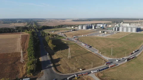 Grain delivery. Grain storage. Grain trucks stand along the road in line to the Stock Footage 196741905