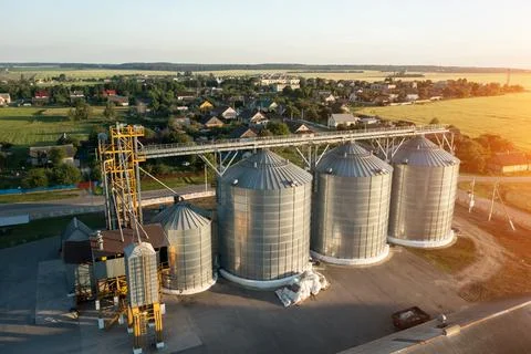 Grain drying complex of the farm top view. Stock Photos