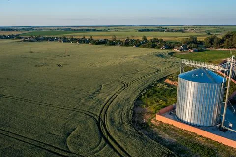Grain drying complex of the farm top view. Stock Photos