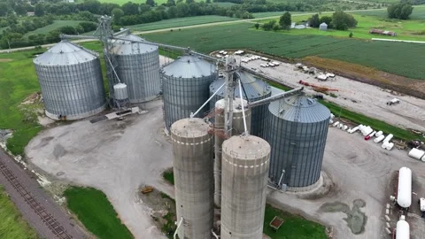 Grain elevator and ethanol plant in Kansas. High aerial orbit of midwest Stock Footage 258208050