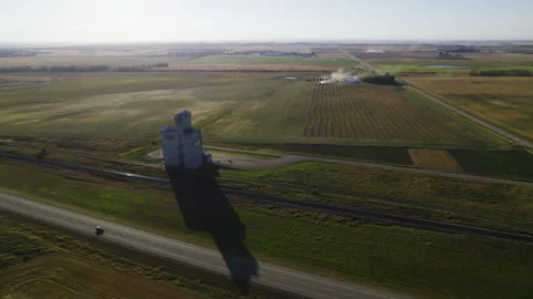 Grain Elevator And Farm Landscape During Harvest Season In Red Deer County Stock Footage 306130442