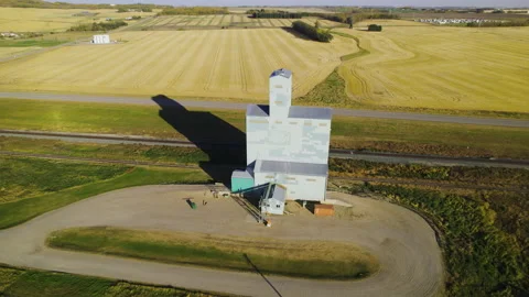 Grain Elevator And Golden Fields In Rural Landscape Of Red Deer County Stock Footage 306129911