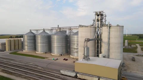 Grain elevator and new modern silos, aerial ascend view Stock Footage 301525595