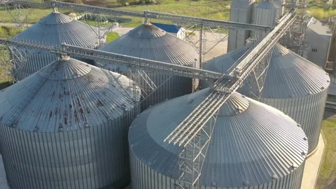 Grain elevator business with large storage bins of corn, grain Stock Footage 153528840