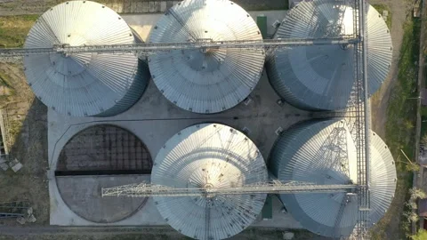 Grain elevator business with large storage bins of corn, grain Stock Footage 153529049