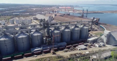Grain elevator complex. Elevator from the air. Large grain elevator Stock Footage 317374300