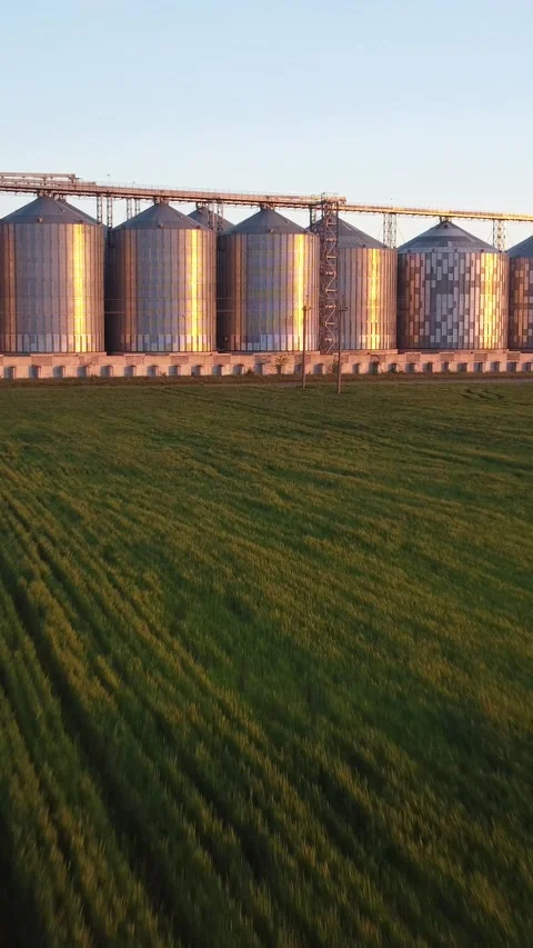 Grain elevator. Metal grain elevator in agricultural zone. Aerial vertical view Stock Footage 274797306