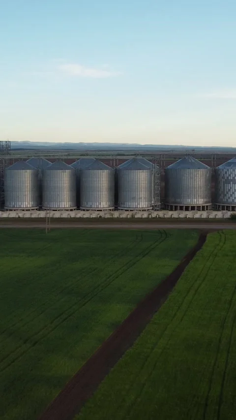 Grain elevator. Metal grain elevator in agricultural zone. Aerial vertical view Stock Footage 275576037