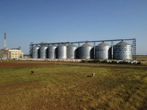 Grain elevator. Metal grain elevator in agricultural zone. Agriculture storage Foto stock