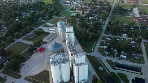 GRAIN ELEVATOR IN MIDWEST. SLOWLY ROTATING AERIAL SHOT Stock Footage 150228379