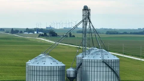 Grain elevator in Midwest USA. Aerial shot with telephoto zoom lens. Wind Stock Footage 250226854