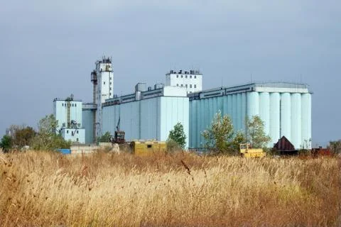Grain elevator rises among the steppe Foto stock