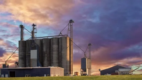 Grain elevator towers against sunset sky Stock Footage 277911576